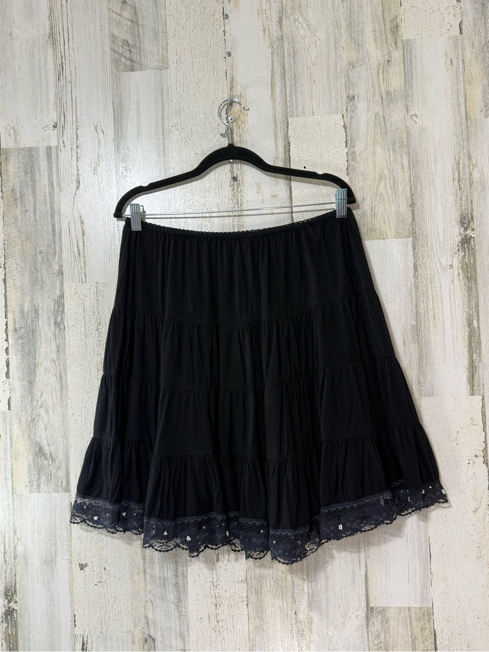 Angie Vintage Y2K Black Tiered Mini Skirt with Beaded Lace Trim